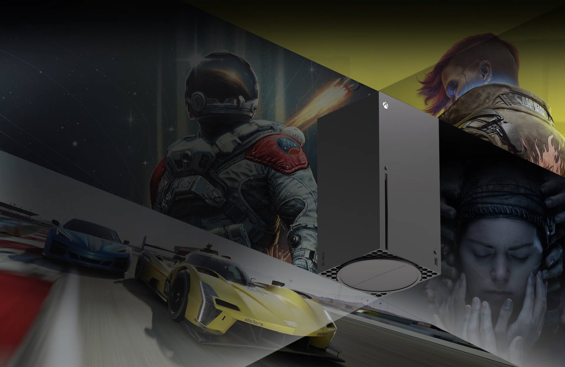 Xbox Series X 主机与 Xbox 控制器。由《星空》、《极限竞速》、《地狱之刃 2》和《赛博朋克》中的角色形象构成的动画背景